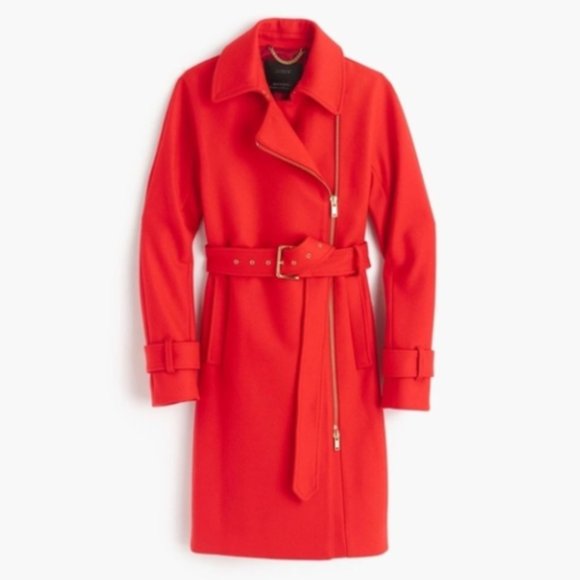 J. Crew Belted Zip Trench Coat Size 2 Wool Melton Outerwear Brilliant Flame